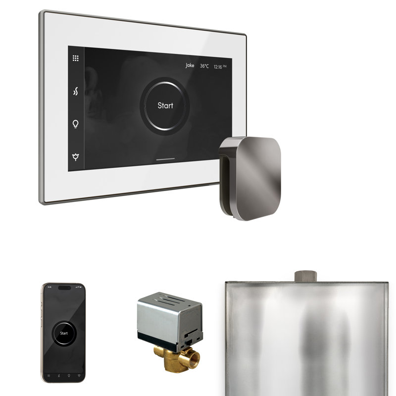 Ensemble de commande de douche à vapeur XButler avec commande iSteamX et tête de vapeur linéaire, Blanc / noir brillant