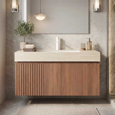 Meuble-lavabo flottant 36 po avec lavabo en céramique blanc encastré, armoire de rangement murale en contreplaqué avec tiroir et portes en chêne brun, plateau en pierre frittée Roma Travertine avec 1 trou de robinet pré-percé, pré-assemblé