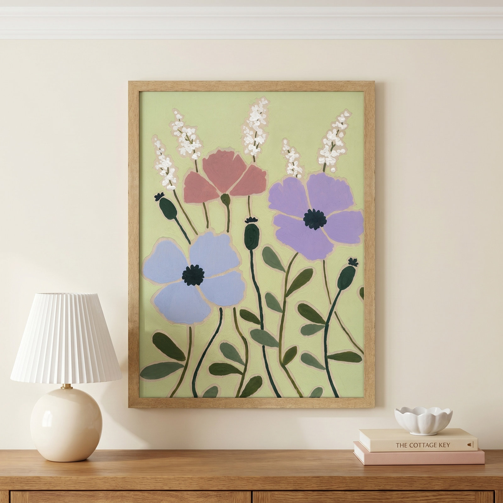 Maura "Woodblock Floral III" Print, 41.5" H x 29.5" W x 1.25" D, Natural Framed