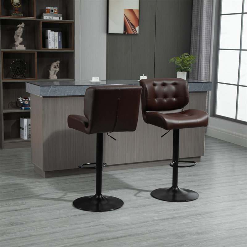 Ensemble de 2 tabourets de bar avec siège réglable, coussin rembourré épais et repose-pieds en métal, Brun