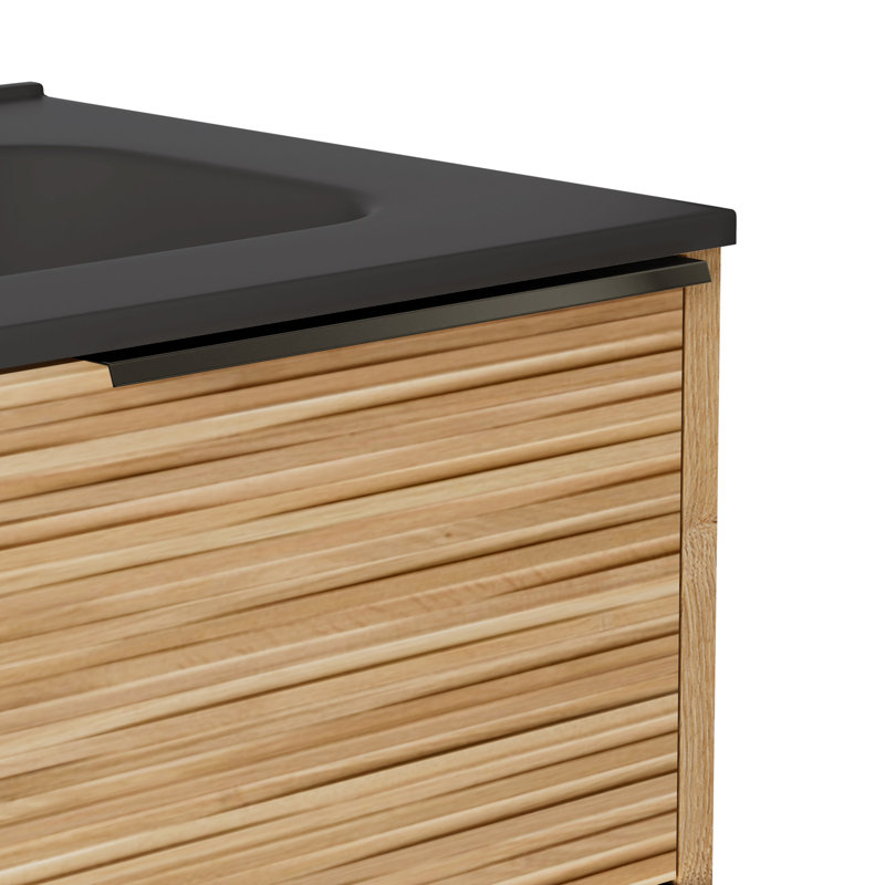 Kora 32" Bamboo Faux Finish Wall-Mounted Single Bathroom Vanity with Integrated Ceramic Top & Handles, Black, 32"