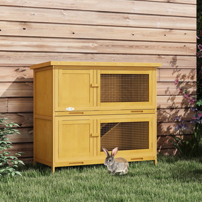 Maison jaune, petit animal avec rampe, plateau et toit amovibles, pour la vie intérieure et extérieure en bois, auvent d'abri, intérieur / extérieur