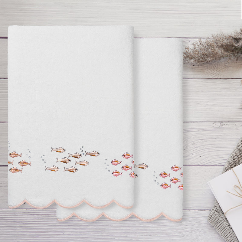  100% Turkish Cotton FISH SCHOOL Scallop 2PC Embellished Bath Towel Set, White/Beige, Bath Towel - 2 Pack