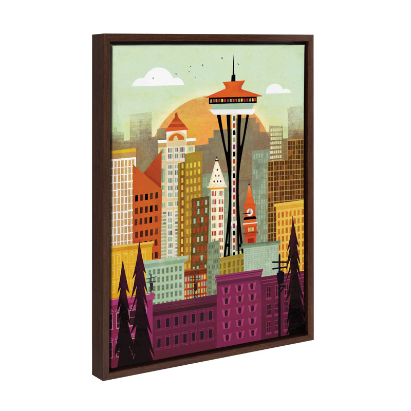 «Seattle Skyline» par Amber Leaders, reproduction d'art sur toile encadrée, 18 po x 24 po, Brun