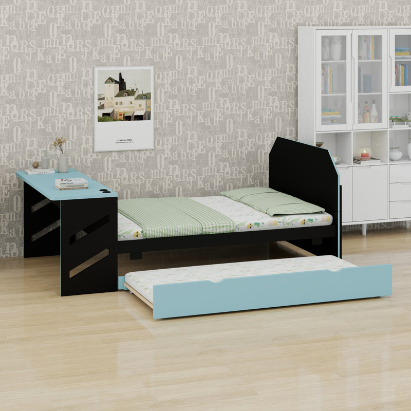Lit de jour avec lit gigogne, bureau et USB, pour la chambre à coucher et le bureau personnel, Bleu nuage