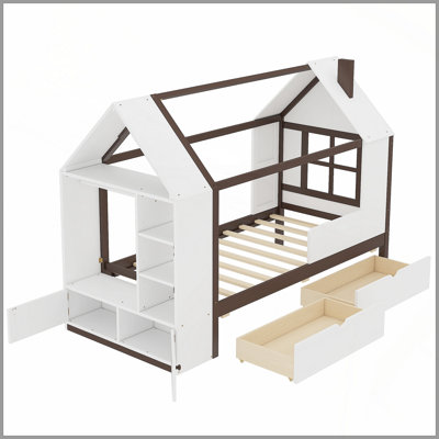 Lit plateforme simple avec tiroirs, lit maison en bois massif avec tablettes, conception enfantine, blanc et espresso