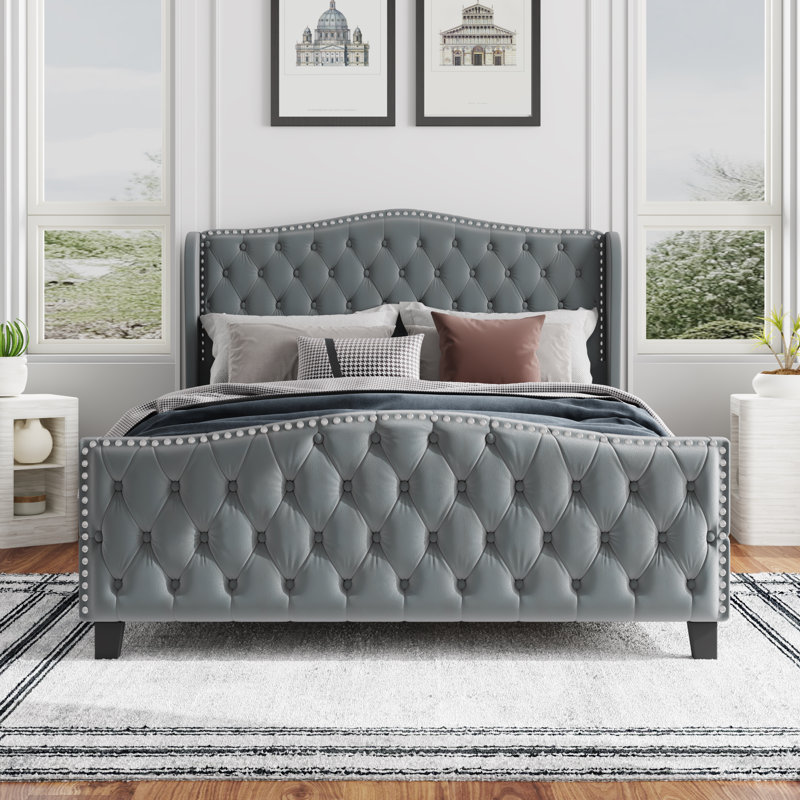 Mieya Velvet Upholstered Platform Bed Frame with Button Tufted Wingback Headboard and Footboard, Queen, Dark Gray
