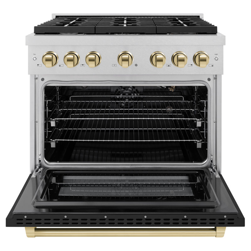 ZLINE Autograph Edition 36 in. 5.2 cu. ft. Paramount Dual Fuel Range with 6 Burner Gas Cooktop and Electric Convection Oven in Satin Stainless Steel with Black Matte Door and Polished Gold Accents (SDRSZ-BLM-36-G)