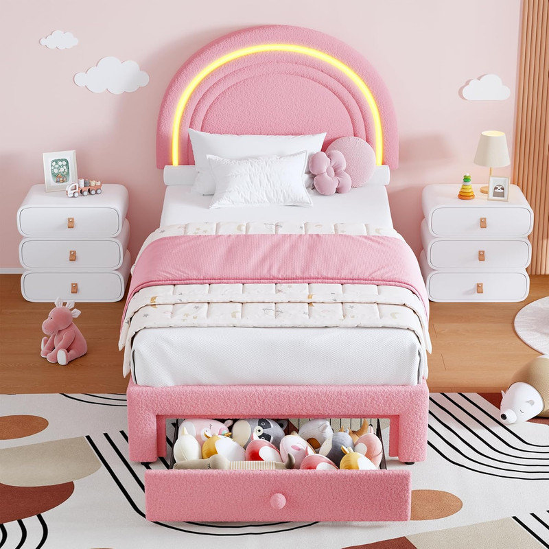 Structure de lit simple tapissier à DEL avec tiroir de rangement et tête de lit arc-en-ciel pour enfants, Rose