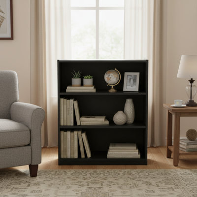 Black Sturdy 3-Tier Bookcase, 2 Adjustable Shelves & 1 Fixed Shelf