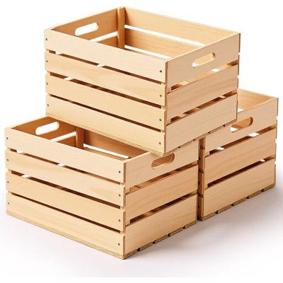 3 Pack Large Wood Crates Box Unassembled Wooden Milk Crates with Handle Decorative Nesting Box(Wood)