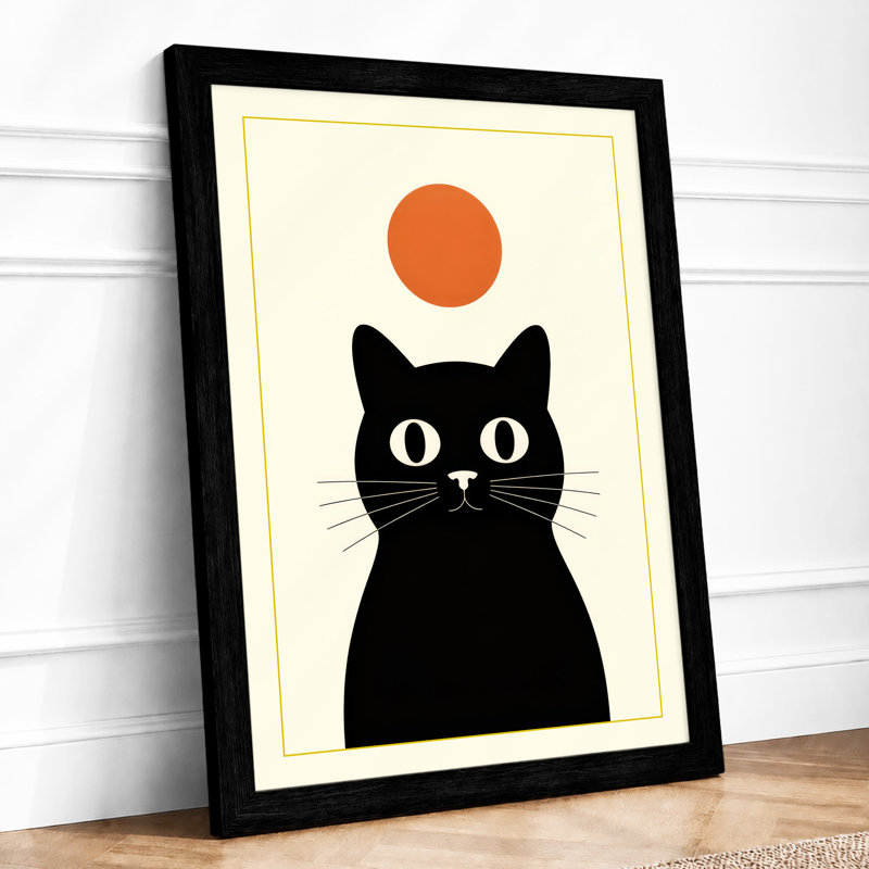 Cat and Moon Minimalist - Framed Print, A4 - 29.7 x 21.0 cm, Black