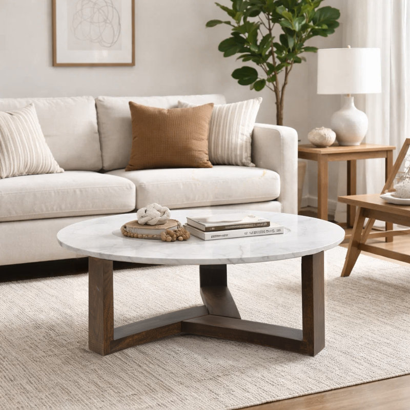 Fina 38 Inch Round Coffee Table, White Genuine Marble Top, Natural Brown Mango Wood 3 Leg Sled Base