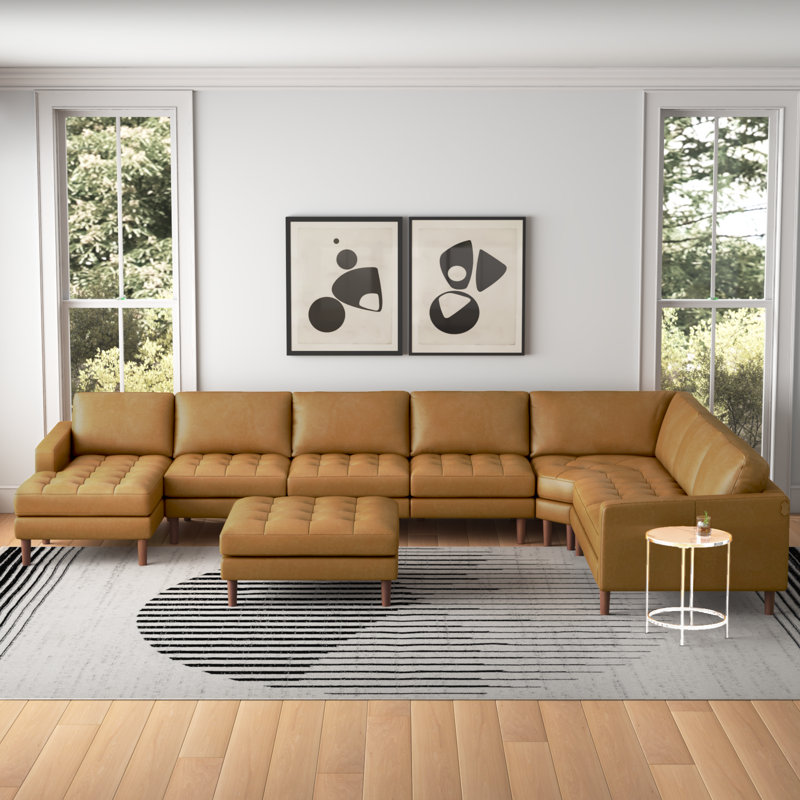 Allysson 174" Wide Leather Match Right Hand Facing Modular Corner Sectional with Ottoman, Ginger Leather Match