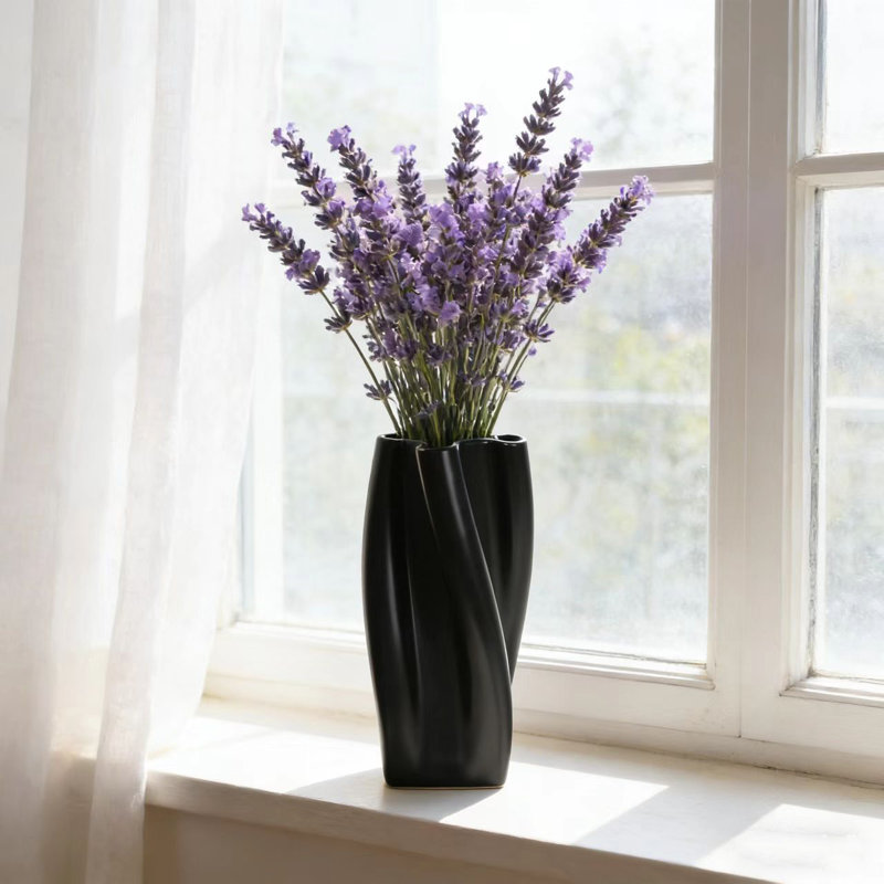  Vase en céramique noir fait à la main, décor moderne de style campagnard pour salon, table basse et tablette, Noir