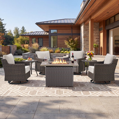 Premium 7-Piece Rattan Fire Pit Chat Set with 6" Thick Cushioned 360° Swivel Glider Deep Seating Lounge Chairs & Built-In Gas Fire Pit Table, All-Weather Outdoor Furniture Set