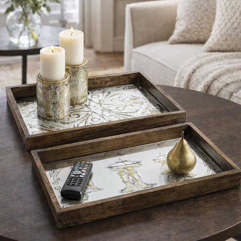 Gery Serving Tray Set Of 2, Patterned Glass Base And Rustic Brown Frame