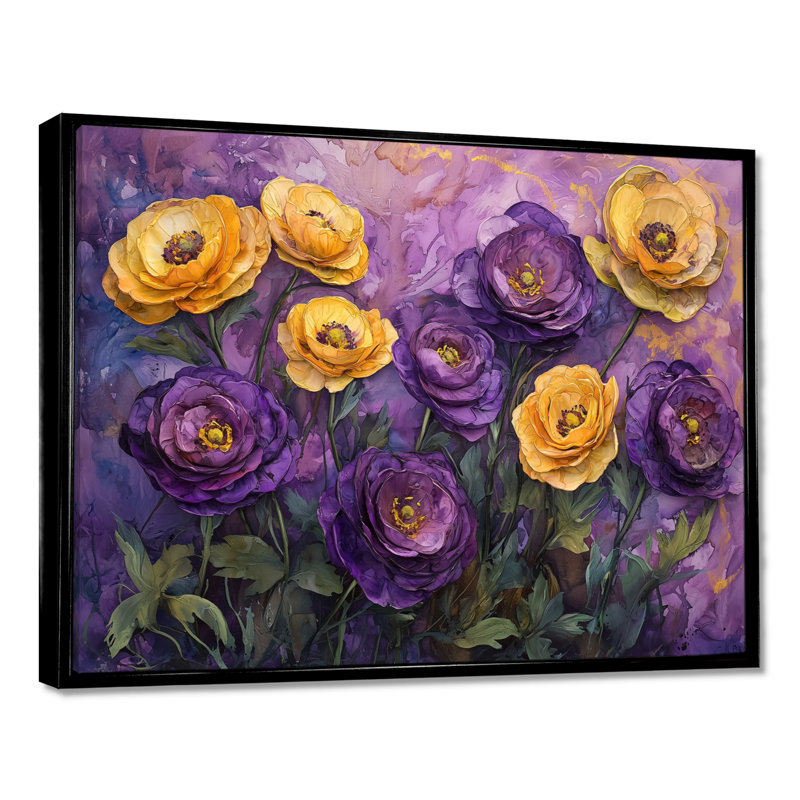 Lavande, champ de fleurs de renoncule II - Renoncule, art mural, H 34 po x l 44 po, Black Picture Framed