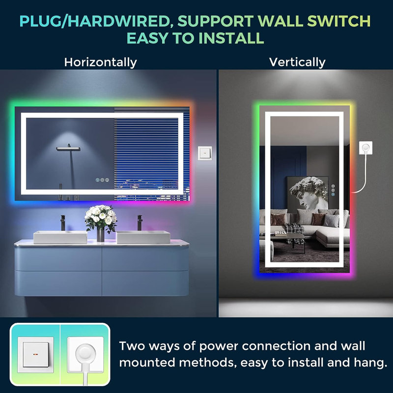  Wayfair Basics® UL Certified RGB Backlit & LED Frontlit Anti-Fog Tempered Glass Bathroom/Vanity Mirror, 60" x 30"