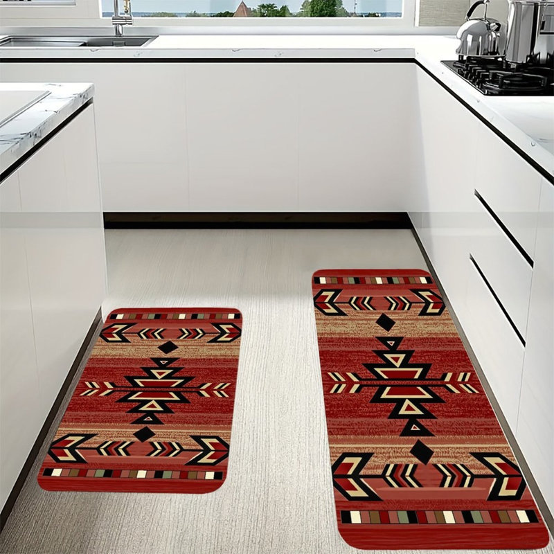 Tapis de cuisine rouge antidérapant à motif géométrique rouge 2 pièces