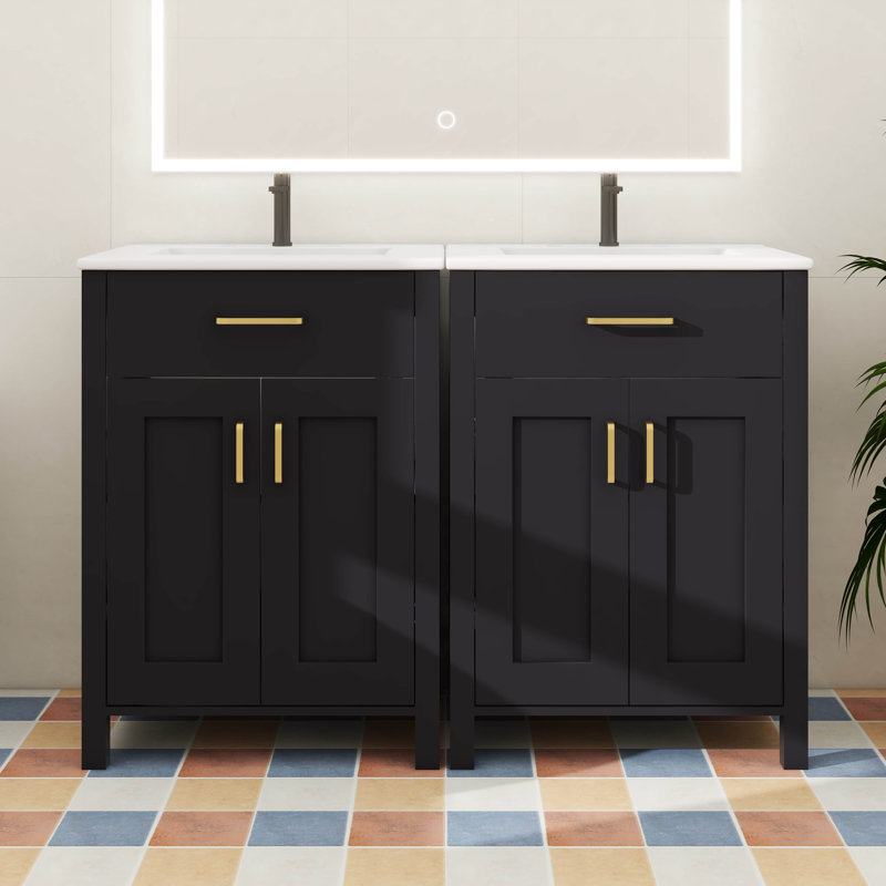 Ensemble de meuble-lavabo moderne 48 po avec lavabo en céramique, meuble de rangement équipé d'un tiroir rabattable et de tablettes à deux niveaux