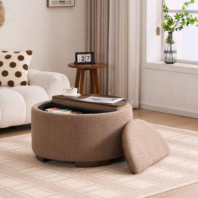 Modern Round Storage Ottoman with Half-half Split Wooden Tray