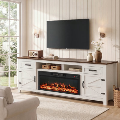 Meuble télé de style ferme en bois de 70 pouces avec foyer électrique, tiroirs et placards spacieux, compatible avec les téléviseurs jusqu'à 80 pouces.