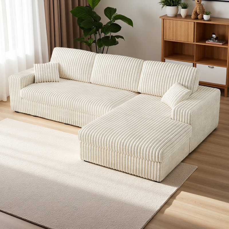 114.5'Modern Corduroy Modular Foam Sofa, Recliner Seat Reversible Sofa, 2-In-1 Sofa With Recliner And L-Shaped Sofa Combination With Three Cushion Neck Pillow Combination And Two Throw Pillows