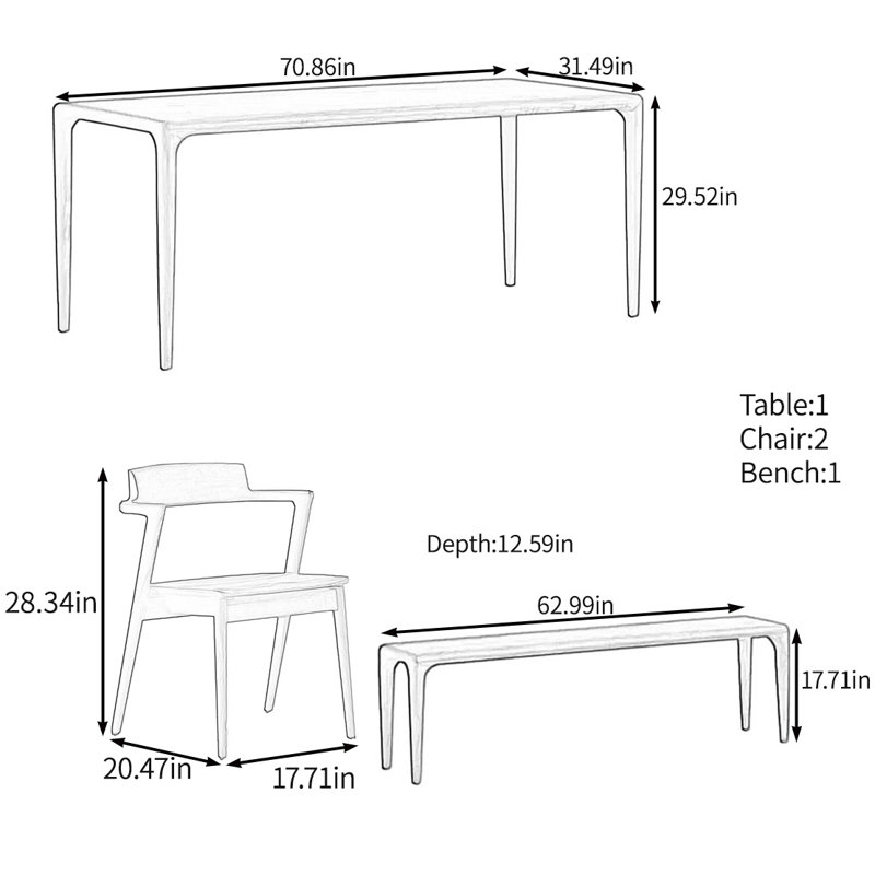 All solid wood multifunctional table set, 29.52"H x 70.86"L x 31.49"W