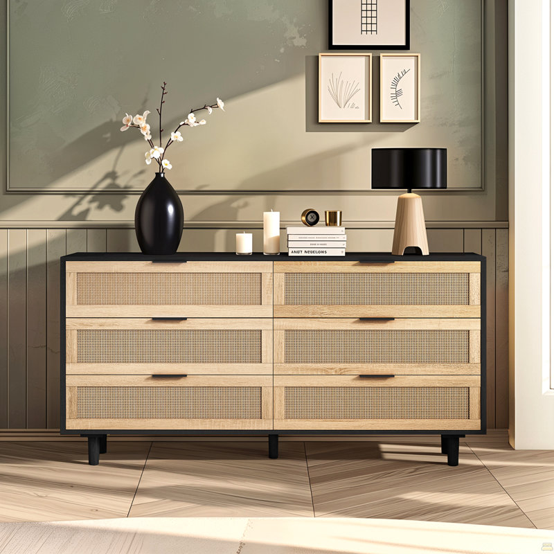 Armoire de rangement 59,6 po à 6 tiroirs avec tiroir en rotin, Noir