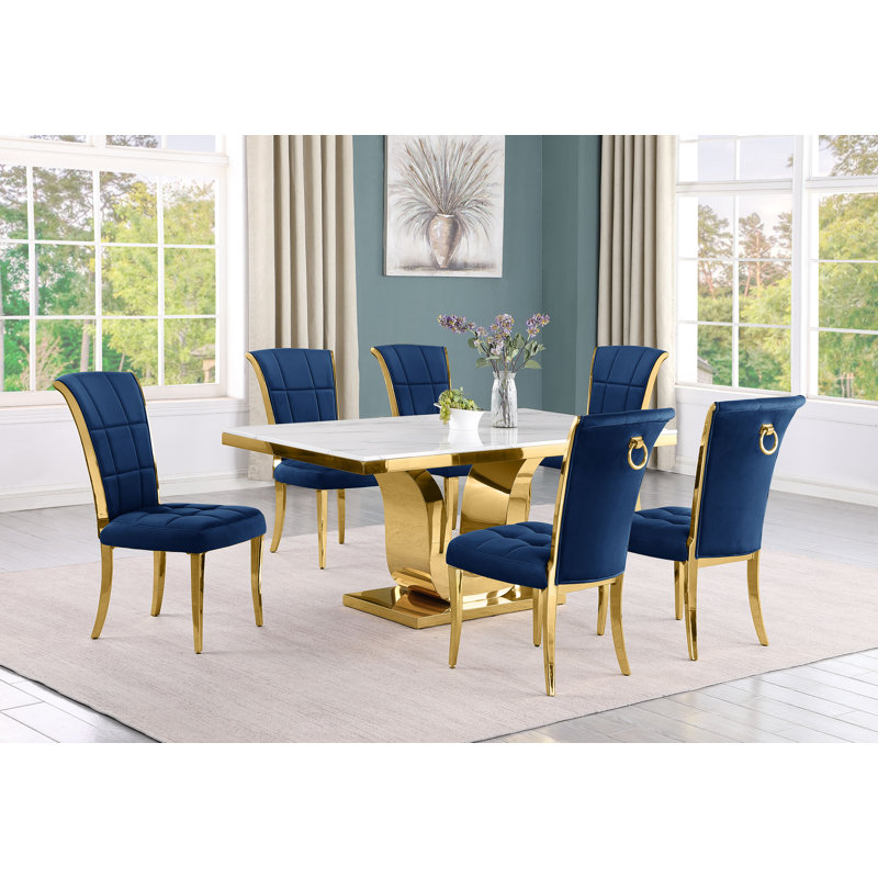 Bardem Marble Top Pedestal Dining Set, 7 Piece, Gray