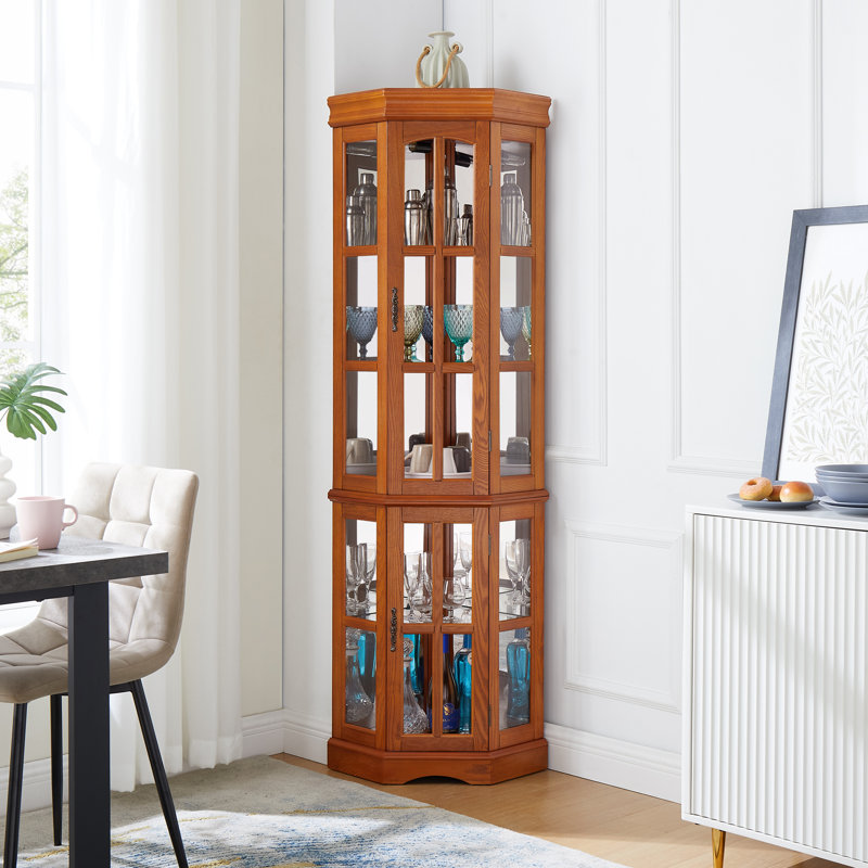 Vitrine de coin avec 5 tablettes et un système d'éclairage, en chêne (ampoule E26 non incluse), Chêne