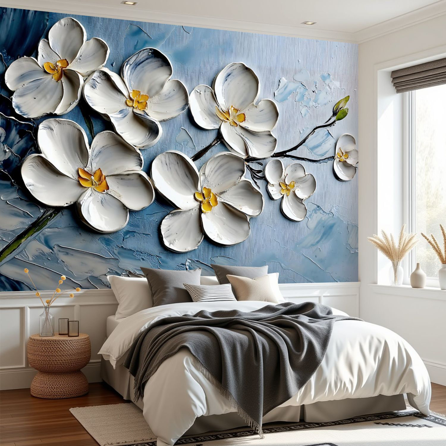Latitude Run® Wall Mural Peel and Stick Wallpaper Flower Grey White ...