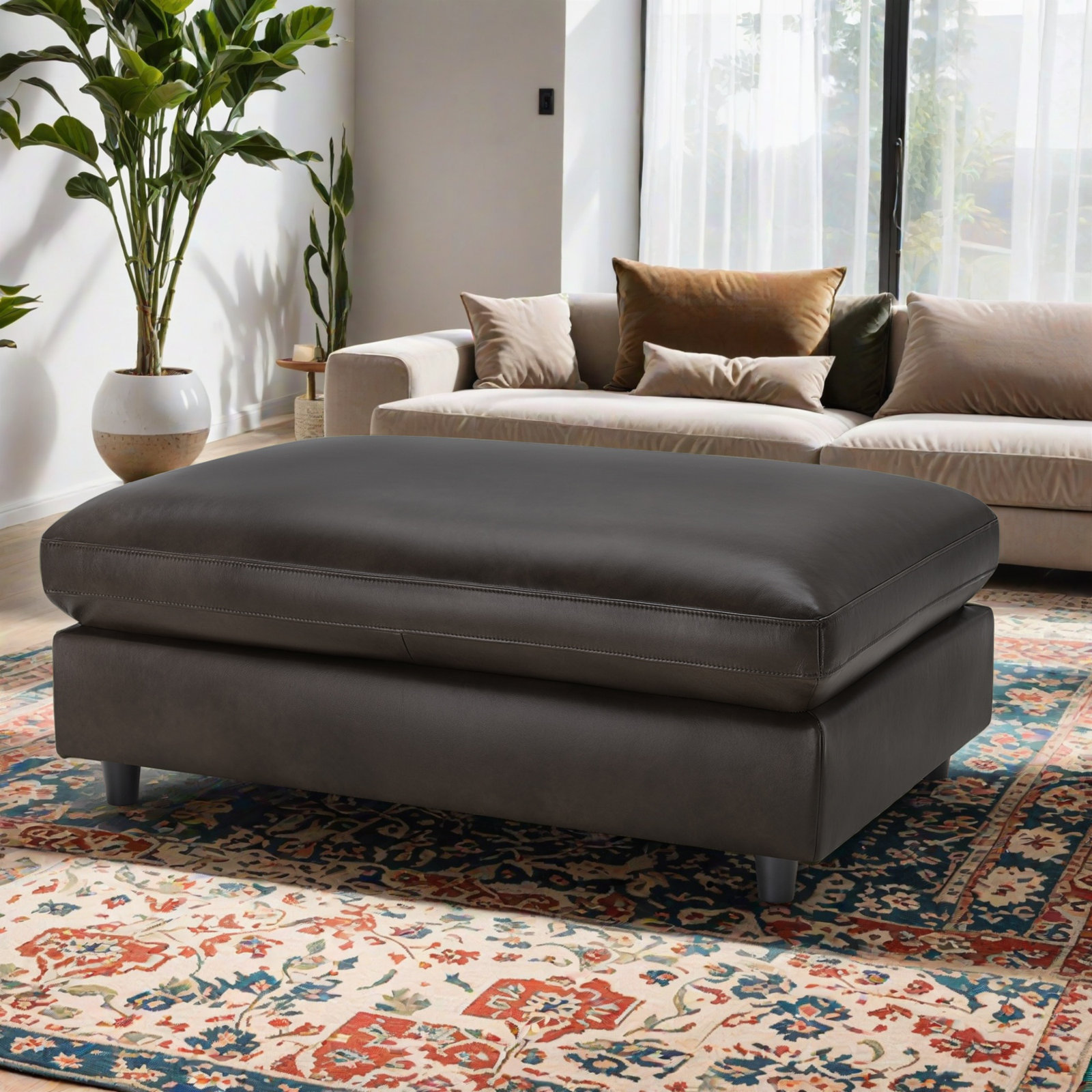 Fleetwood 45" Genuine Leather Rectangle Ottoman, Derrick Concrete Genuine Leather