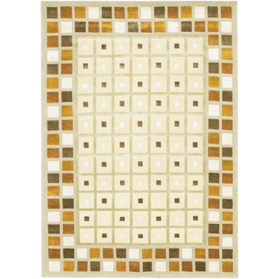 Tapis géométrique en laine noué à la main ivoire, doré, brun et orange Caines Authentic
