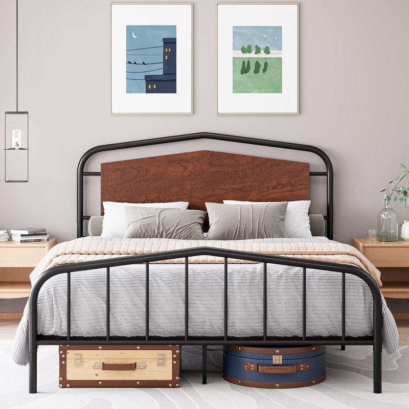 Full Size Metal Bed Frame with Wooden Headboard, Full