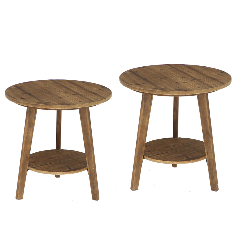 Solid Wood Round Side Table Set Of 2, 2-Tier End Table With Storage Shelf
