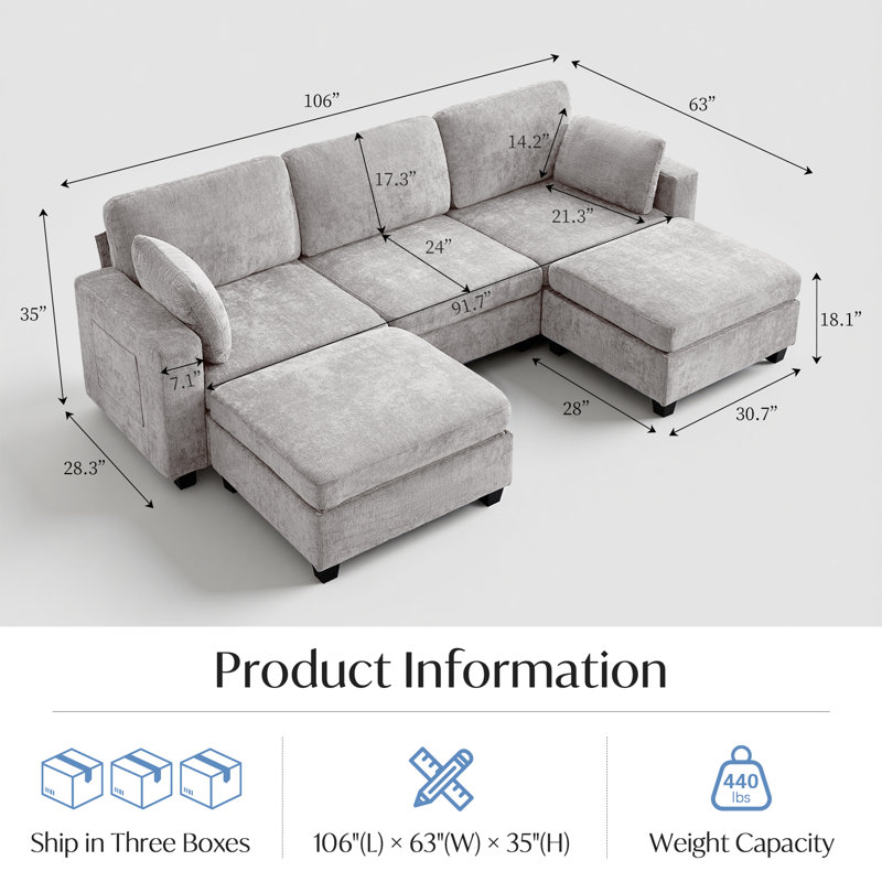 106" Wide Reversible U-Shaped Modern Modular Sectional Sofa With 2 Ottomans, Charging Port, Arm Pillows, Side Pockets