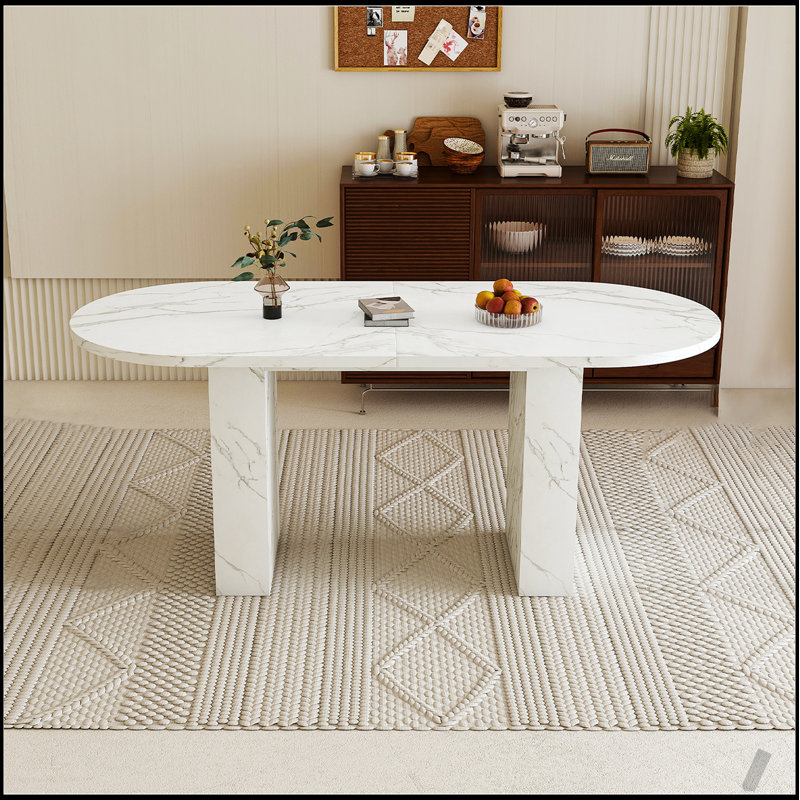 62.9 Inch Oval Dining Table for 6, Marble Top with Wood Base, Modern Farmhouse Design, Waterproof and Scratch-Resistant Surface