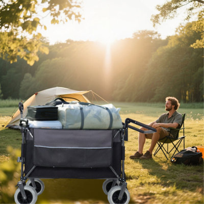 Multi-Functional Push-Pull Folding Wagon Cart with Rotating Handle & 9"x4" Beach Tires for Camping & Beach –300L XL Heavy-Duty, Large Capacity for Transport, Groceries, and Outdoor Use