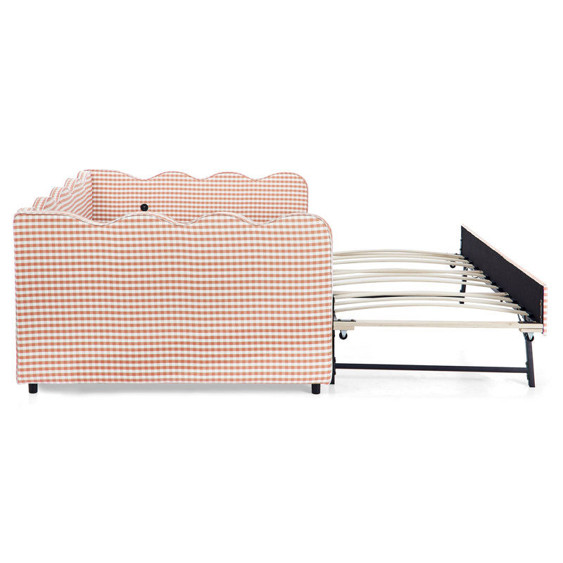 Lit de jour en vichy double avec couchette simple sans sommier, avec port USB et adorable tissu en forme de vague, Rose