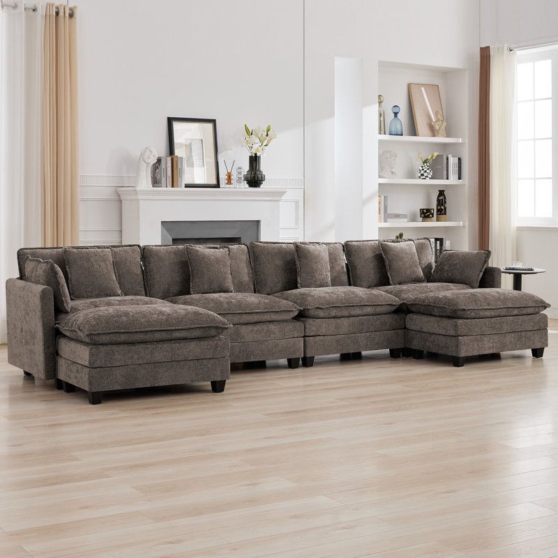 Chenille Upholstered Sectional Sofa Couch with Ottoman, Brown, 6