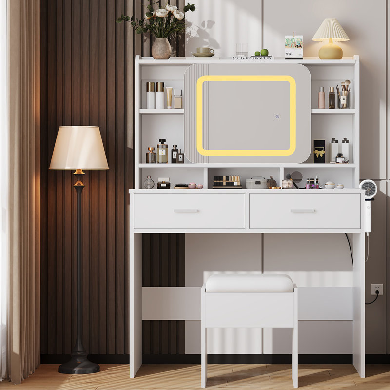 Modern Makeup Vanity with LED Mirror, USB Outlets, 2 Drawers & Stool, White