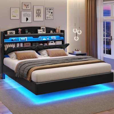 Base de lit flottante avec tête de lit cachée, base de lit à DEL flottante avec station de charge, lit plateforme tapissier en cuir avec rangement