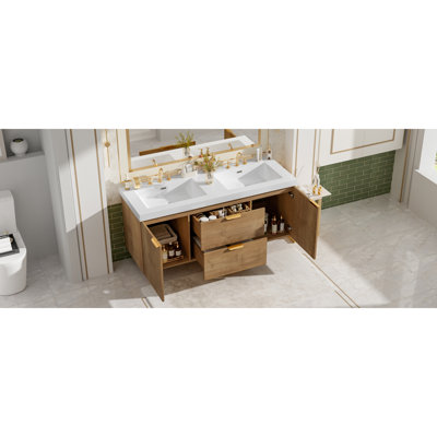 [Video]59.3 Inch Double Sink Bathroom Vanity With SMC Top, MDF Cabinet, Soft Close Doors, Divided Drawers, Wall-Mounted Modern Storage Vanity For Large Bathrooms