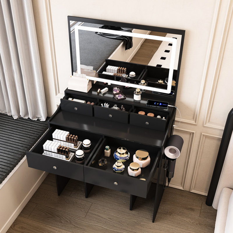 New Large Black Dressing Table With 3 Lighting Modes, Power Outlet, Hair Dryer Holder And 5 Drawers For Bedroom Makeup Hairstyling Extra-Large Mirror Vanity Color Temperatures, Built-In