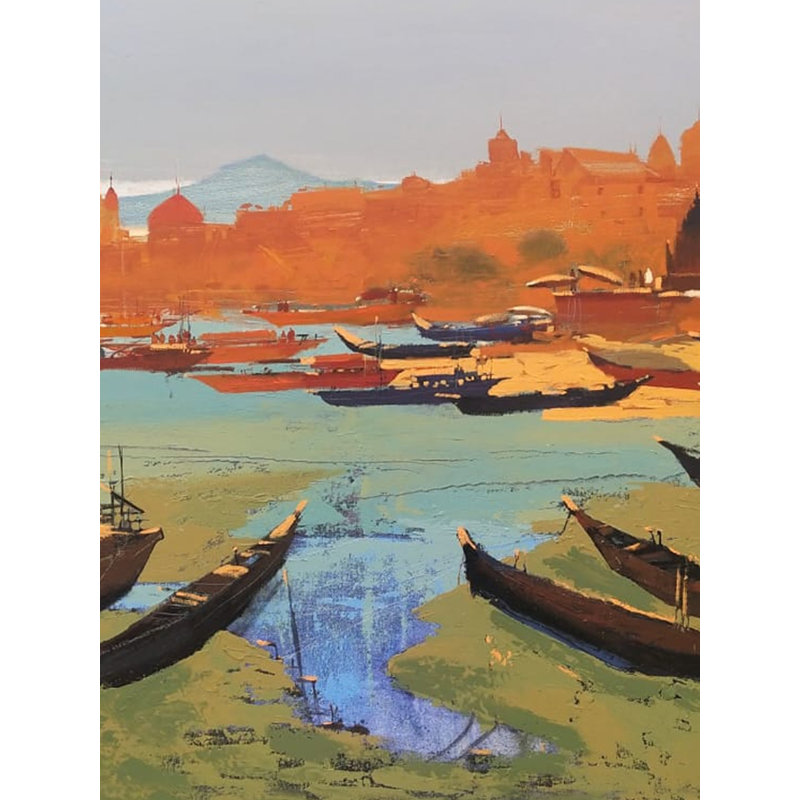 Bateau debout sur la berge | Acrylique sur toile | Par Hari Dhongade