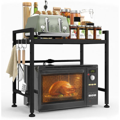 2-Tier Microwave Shelf, Expandable, Heavy Duty Microwave Stand for Countertop & Kitchen with 8 Hooks, Black