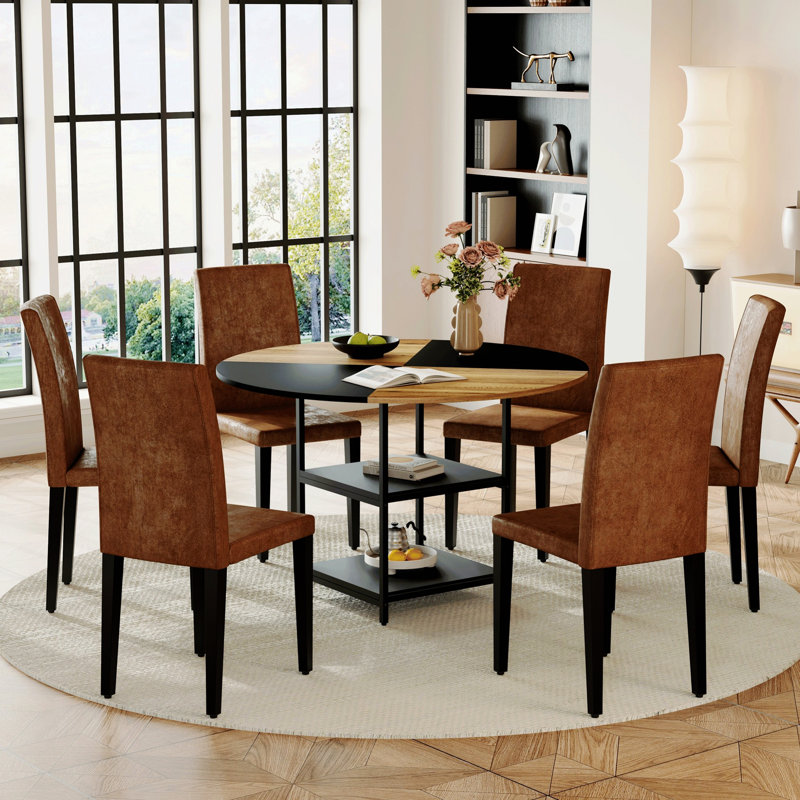Ensemble de table de salle à manger, une table avec tablette de rangement ouverte, table de salle à manger avec 6 chaises rembourrées
