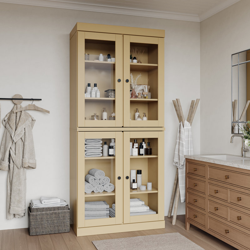 32" 100% Solid Wood Freestanding Bathroom Cabinet with Clear Glass Doors & Adjustable Shelves – Modern Bathroom Storage